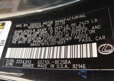 2020 Lexus Es 350 из США, поврежденный, VIN 58ADZ1B11LU071681